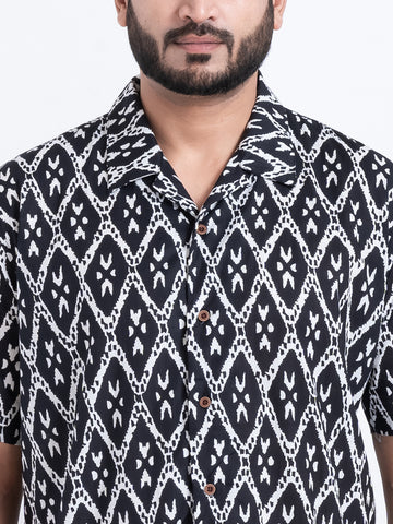 Geometric Print Black Cuban Collar Shirt