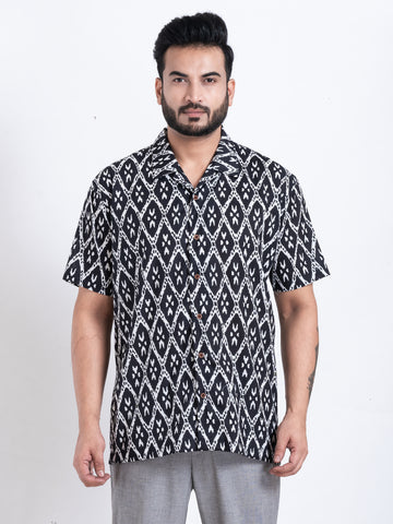 Geometric Print Black Cuban Collar Shirt