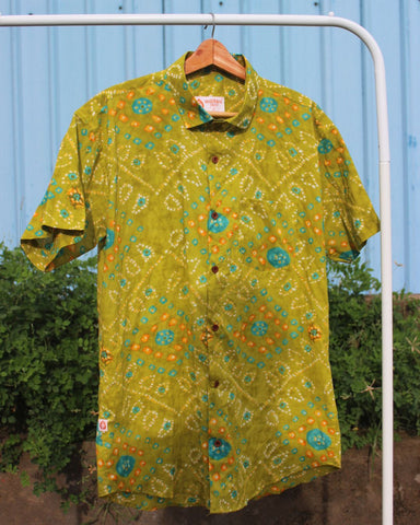 Olive Green Bandhej Print Men's Cotton Shirt