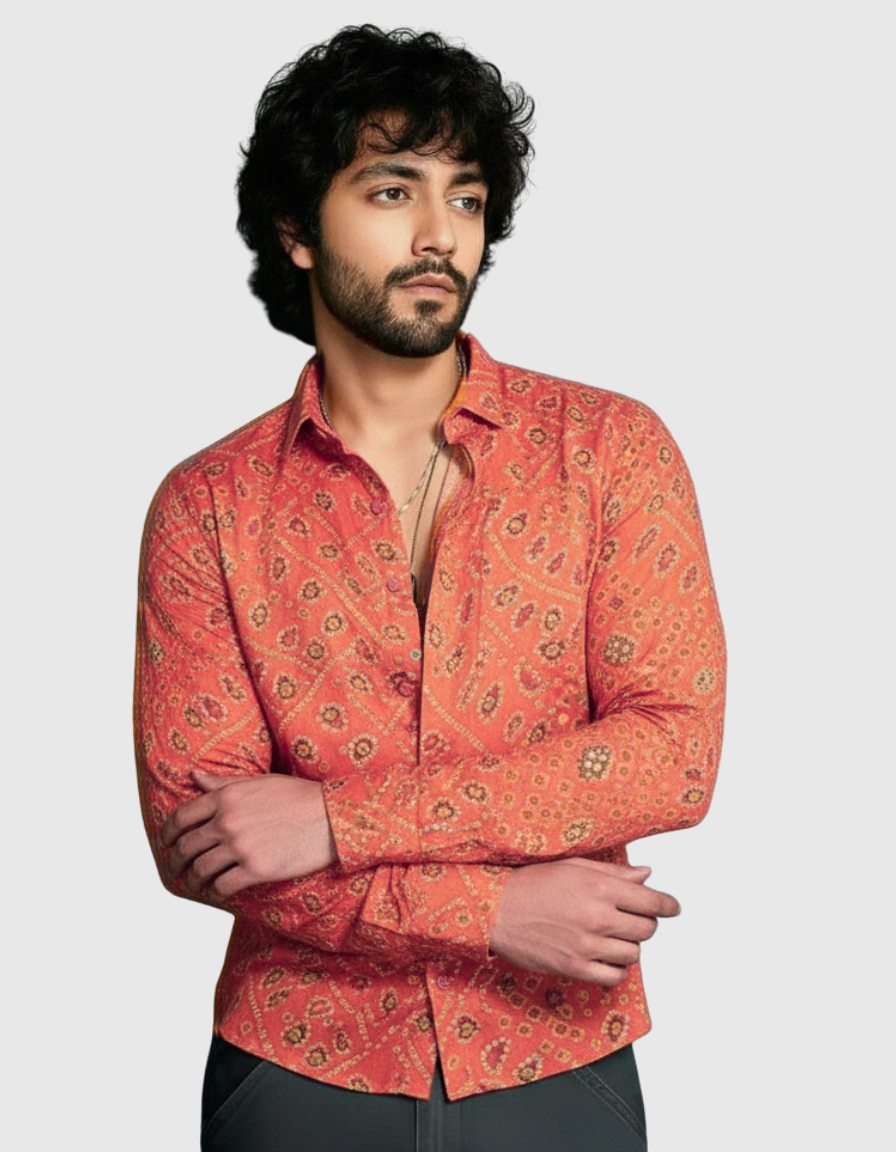 Orange Bandhej Cotton Full Sleeve Shirt for Men