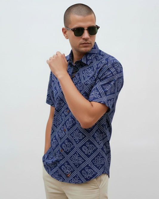 Bandhani Print Half Sleeves Shirt For Men (Blue Zodiac)