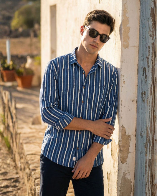 Stripe Full Sleeve Hand Block Indigo Shirt