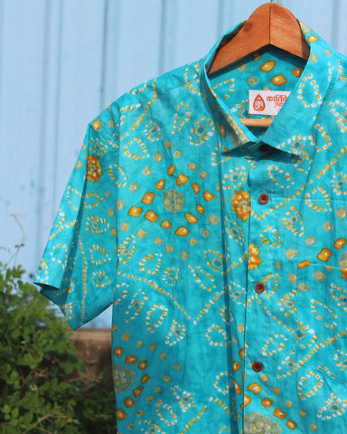 Turquoise Blue Bandhej Print Men's Cotton Shirt