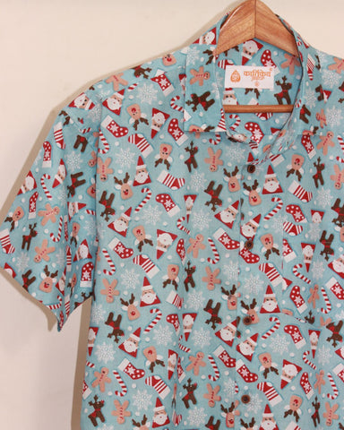 Sky Blue Snowman Print Shirt for Men