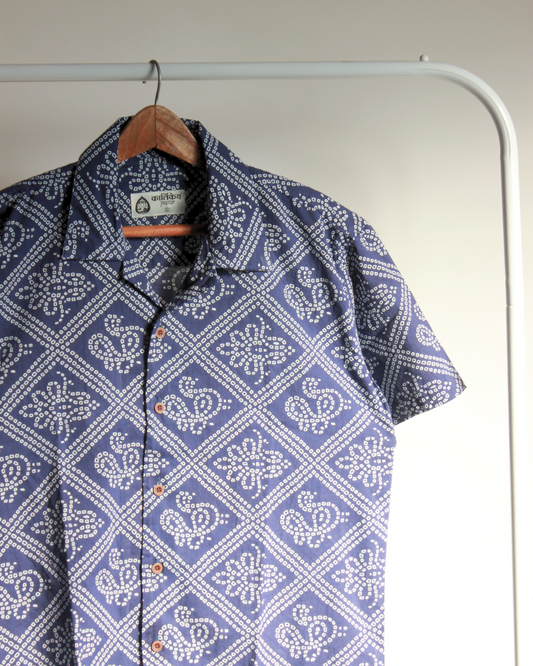 Blue Printed Camp Collar Bandhej Shirt