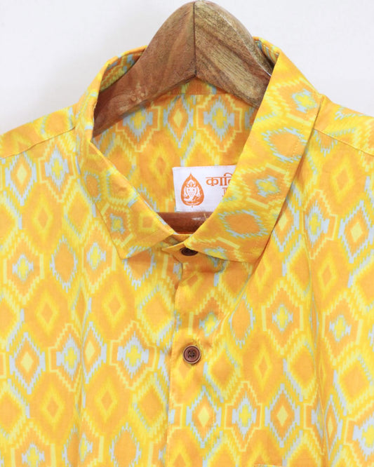 Yellow Ikat Print Cotton Shirt for Men