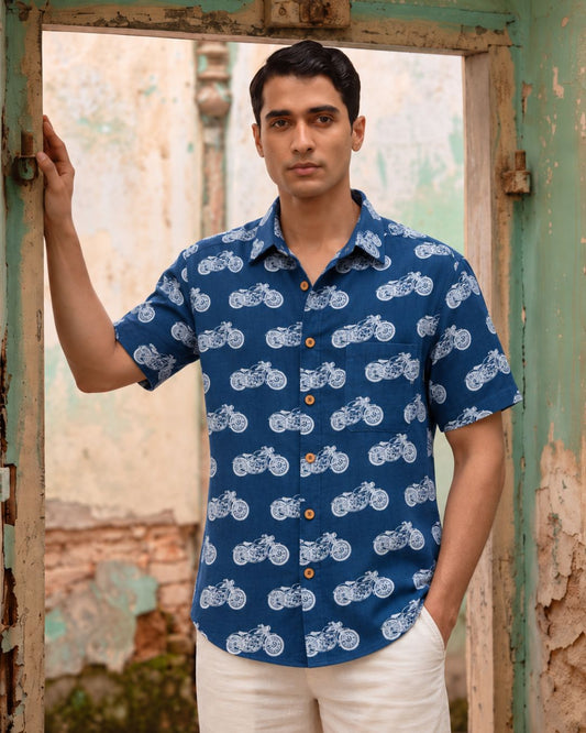 Vintage Classic Bike Print Indigo Shirt - Organic