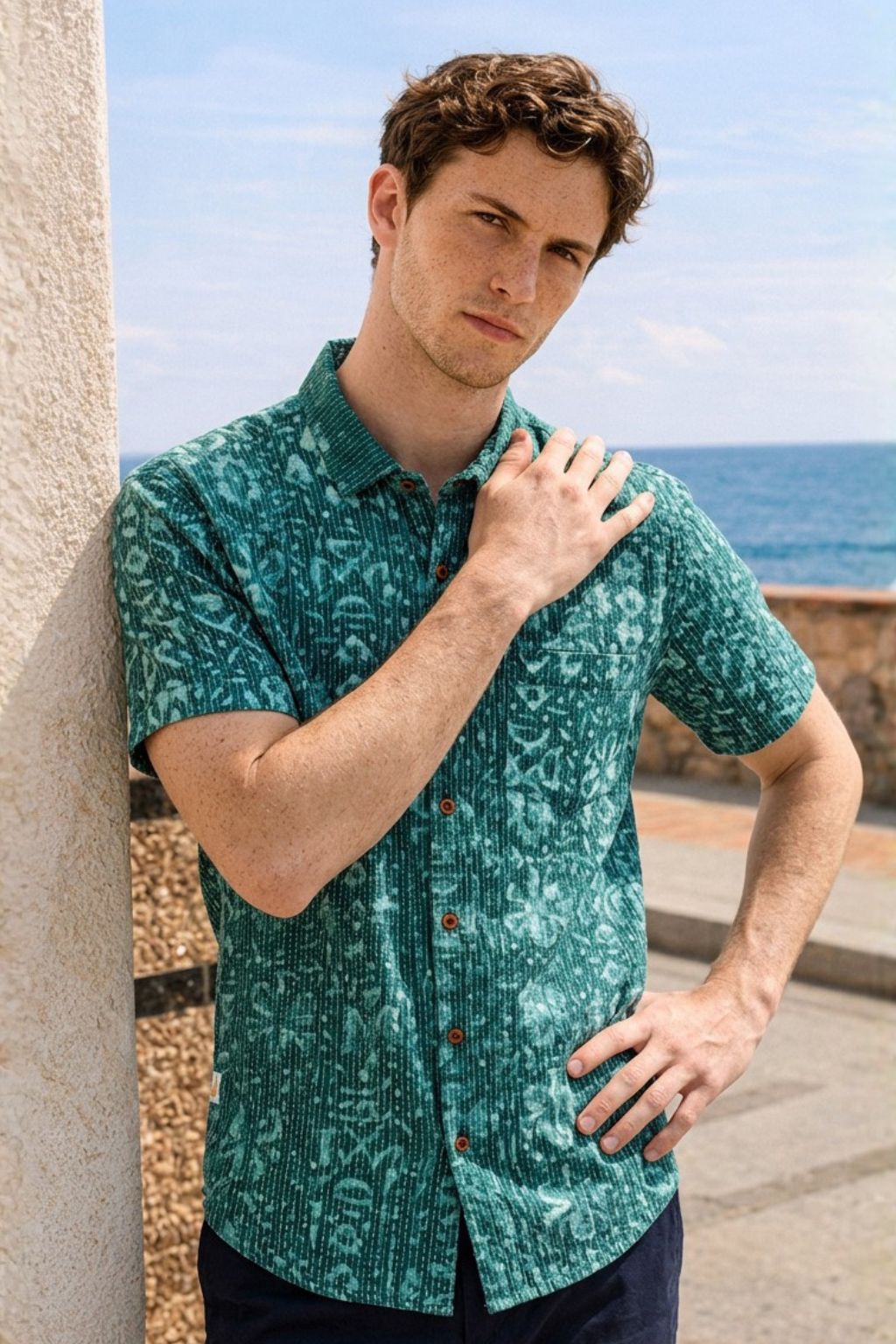 Katha Green Hand Block Print Half Sleeve Shirt