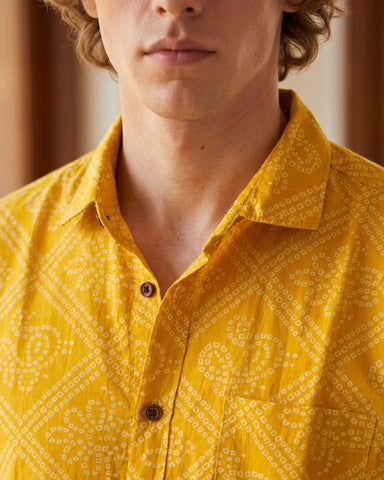 Bandhej Full Sleeves Haldi Shirt For Men ( Yellow )
