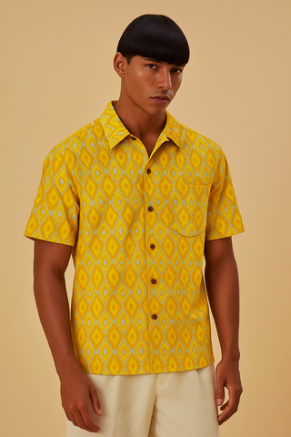 Yellow Ikat Print Cotton Shirt for Men