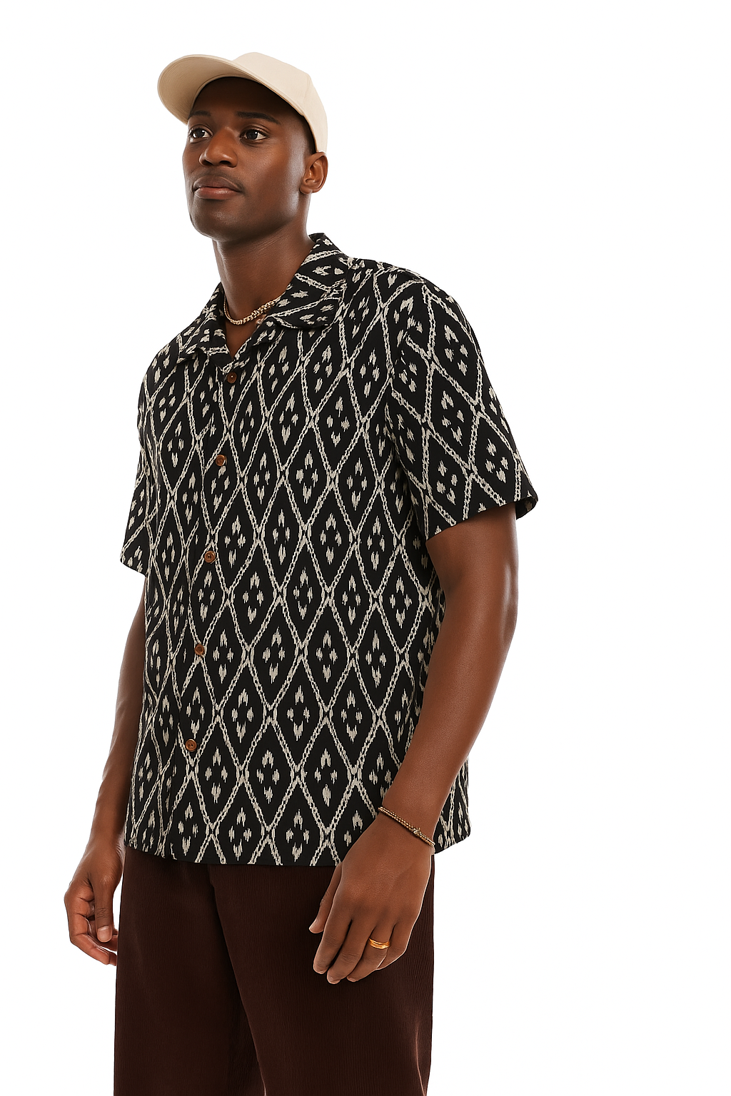Geometric Print Black Cuban Collar Shirt