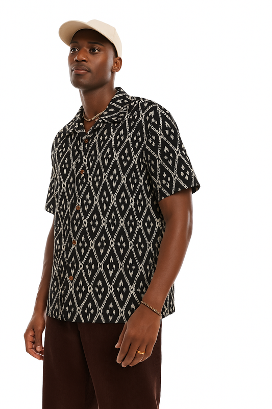 Geometric Print Black Cuban Collar Shirt