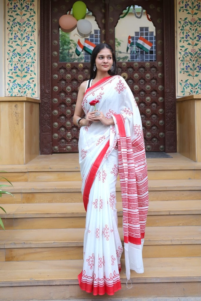 White & Red Premium Cotton Mulmul Saree - Pujo Special