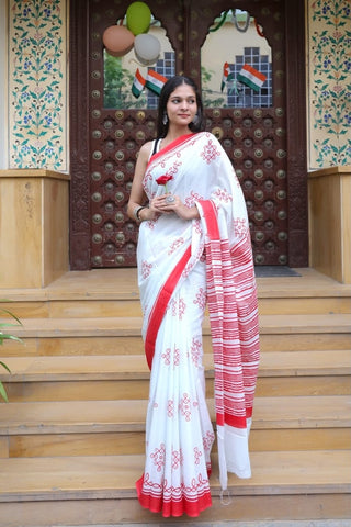 White & Red Premium Cotton Mulmul Saree - Pujo Special