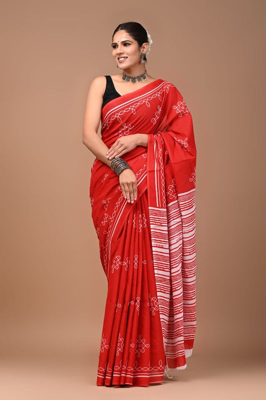 White & Red Premium Cotton Mulmul Saree - Pujo Special