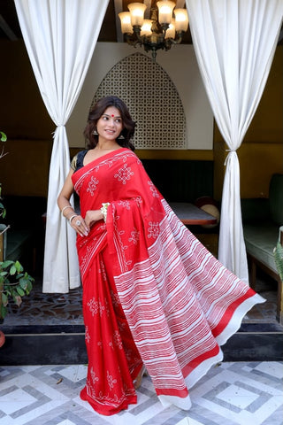 White & Red Premium Cotton Mulmul Saree - Pujo Special
