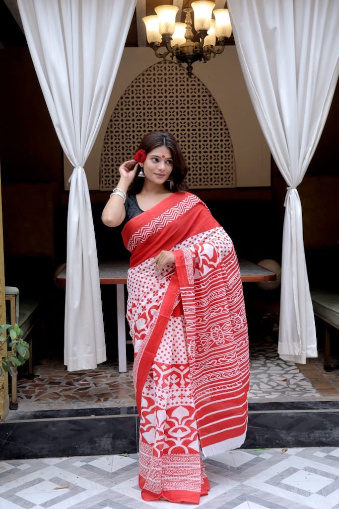 White & Red Premium Cotton Mulmul Saree - Pujo Special