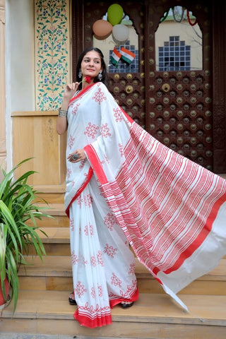 White & Red Premium Cotton Mulmul Saree - Pujo Special