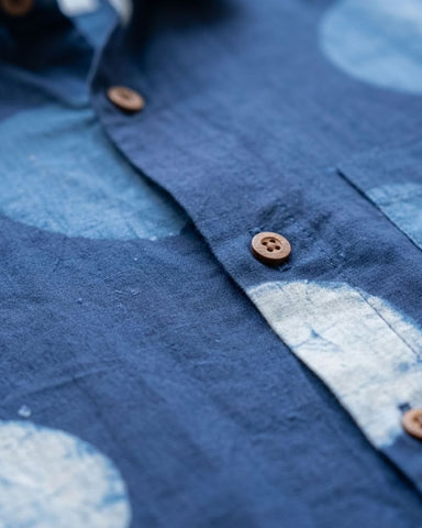 Natural Indigo Hand Block Bold Polka Print Men's Shirt - Prebook ( Dispatch by 30th September )