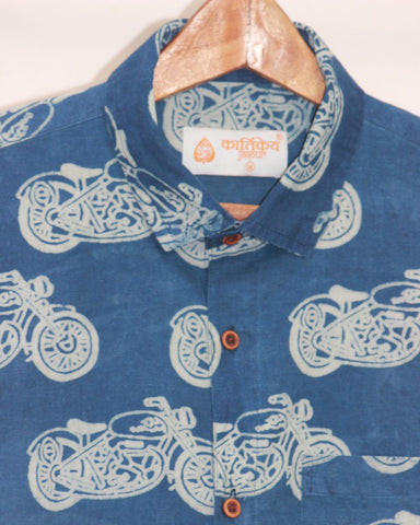 Indigo Full Sleeve Bullet Bike Print Shirt for Men