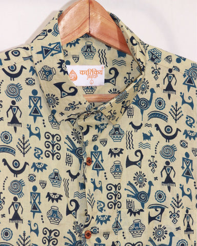 Green Tribal Print Cotton Classic Shirt for Men