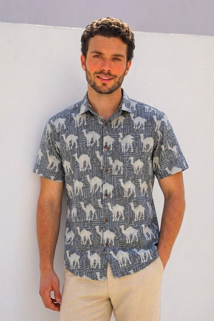 Traditional Camel Print Half Sleeve Shirt for Men