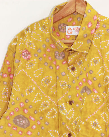 Yellow Bandhej Print Men's Cotton Shirt