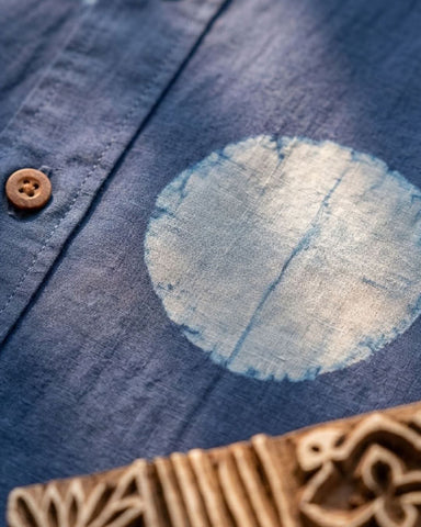 Natural Indigo Hand Block Bold Polka Print Men's Shirt - Prebook ( Dispatch by 30th September )