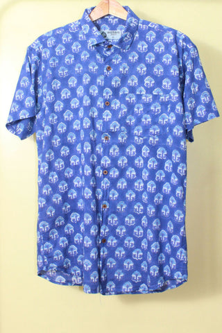 Blue Motif Print Classic Cotton Indigo Half Shirt for Men