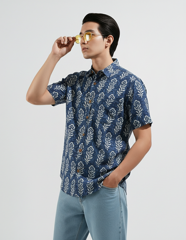 Indigo Printed Half Sleeve Shirt for Men