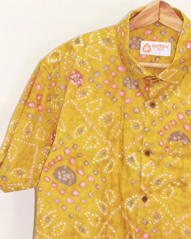 Yellow Bandhej Print Men's Cotton Shirt