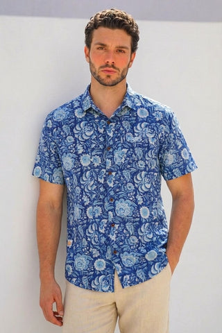 Organic Indigo Print Half Sleeve Cotton Shirt