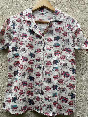 Elephant Print Half Sleeve Cotton Shirt for Women - Red