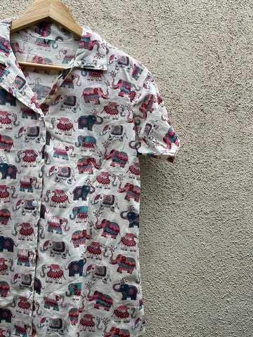 Elephant Print Half Sleeve Cotton Shirt for Women - Red