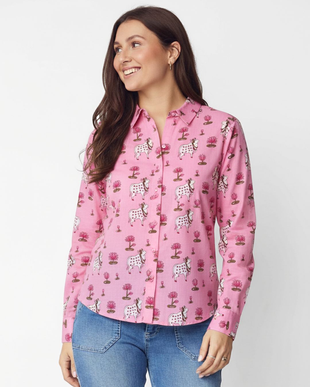 Womens Pichwai Cow Print Cotton Full Sleeves Shirt