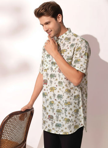 Small Elephant Print Half Sleeve Cotton Short Kurta for Men