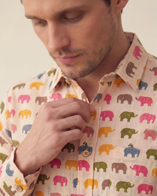 Small Elephant Full Sleeves Men Shirt By Kartikeya Jaipur