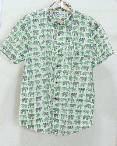 Green Elephant Print Half Shirt for Men