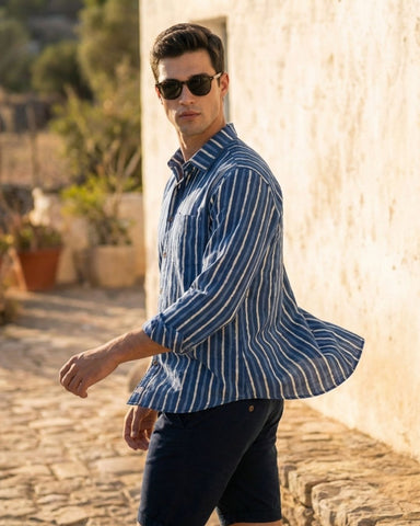 Stripe Full Sleeve Hand Block Indigo Shirt