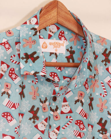 Sky Blue Snowman Print Shirt for Men