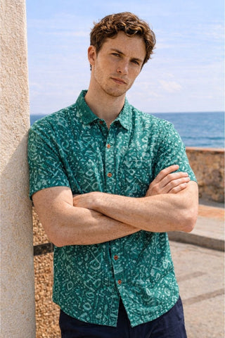 Katha Green Hand Block Print Half Sleeve Shirt