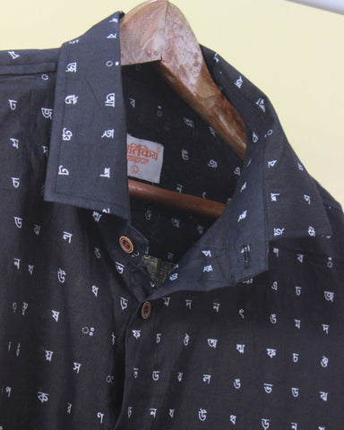 Black Bangla Alphabets Print Cotton Men's Shirt