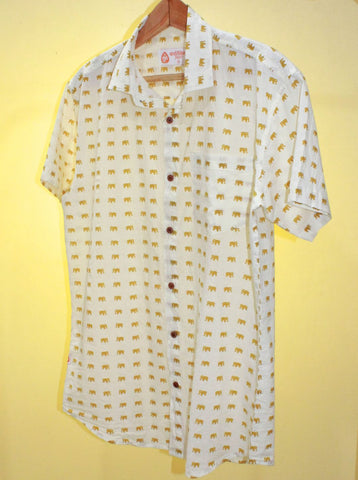 Cotton Half Sleeve Yellow Elephant Print Shirt for Men