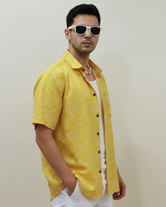 Cotton Half Sleeve Bandhej Haldi Print Shirt for Men
