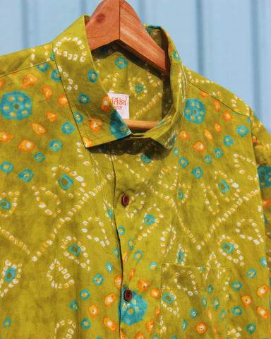 Olive Green Bandhej Print Men's Cotton Shirt