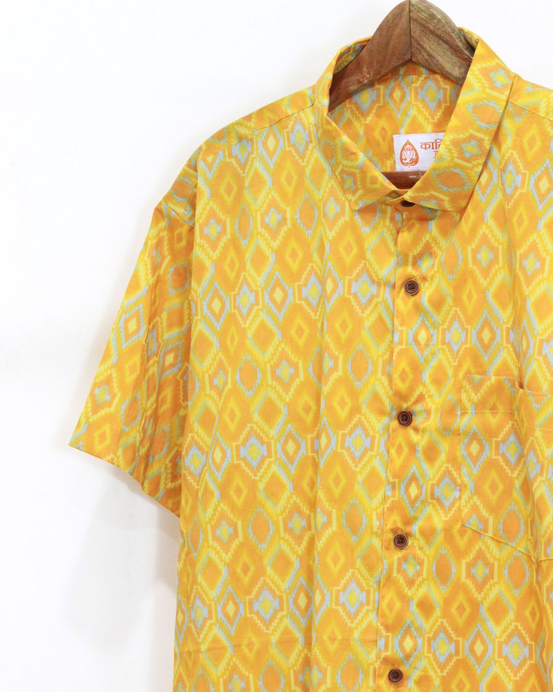 Yellow Ikat Print Cotton Shirt for Men