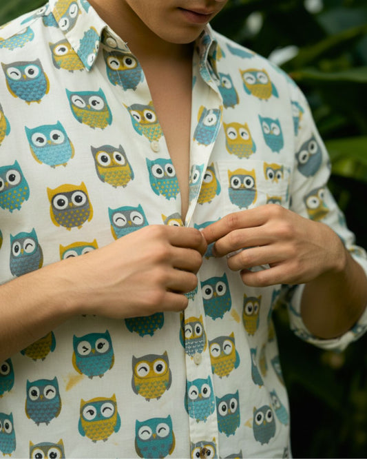 Full Sleeve Owl Print Shirt for Men