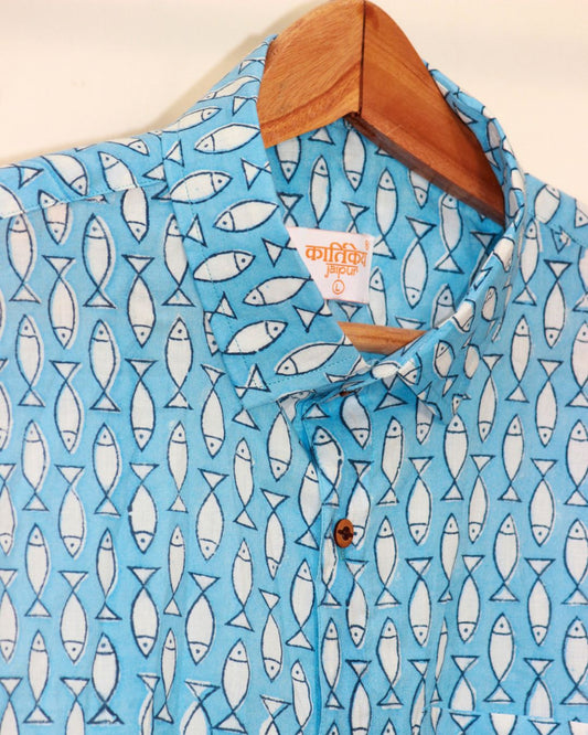 Quirky Fish Print Half Sleeve Shirt  - Blue