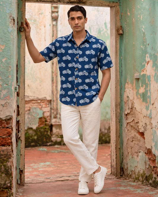 Vintage Classic Bike Print Indigo Shirt - Organic