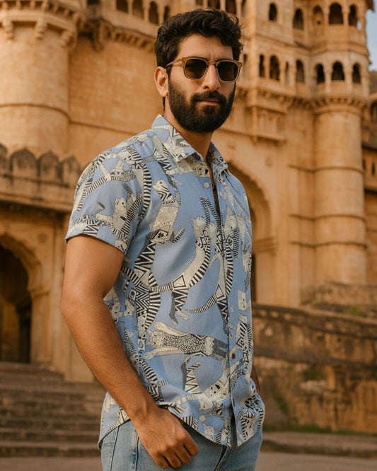 Sphynx Cat Print Cotton Classic Grey Half Shirt for Men